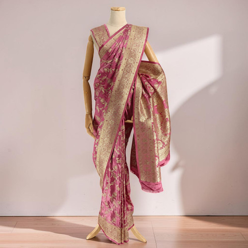 Pink Satin Silk Saree with Woven Embroidery Design