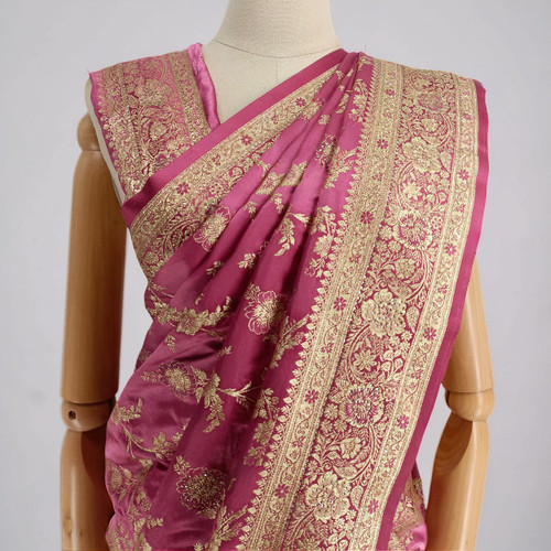 Pink Satin Silk Saree with Woven Embroidery Design