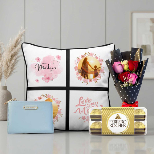 Mother’s Day Gift Set: Elegant Wallet, Chocolates, Fresh Roses & Personalized Cushion SK-2252