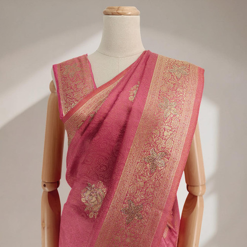 Pink South Silk Saree Featuring Golden Zari Embroidery