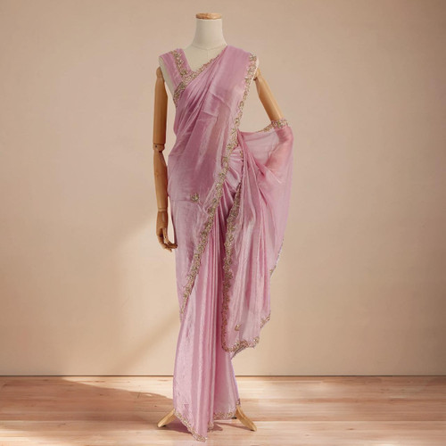 Pink Fendi Silk Saree with Boutique Sequin Floral Design
