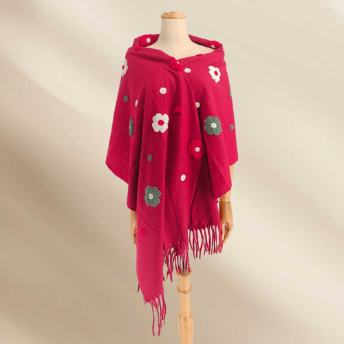 Maroon Woolen Shawl with Floral Fancy Embroidery SWL-3224