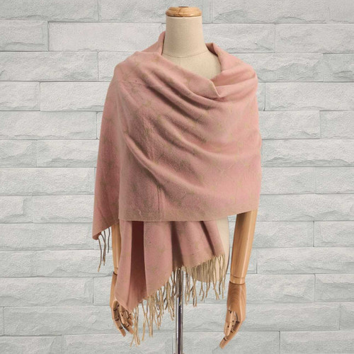 Elegant Pink Woolen Shawl with Pattern & Soft Fringe Detail SWL-3220