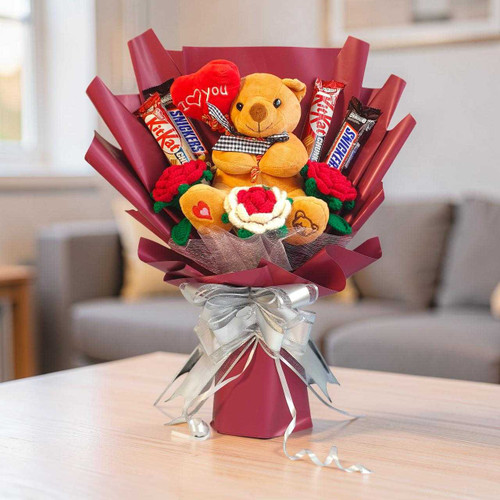 Delightful Bouquet Gift – Teddy, Chocolates & Crochet Roses Combo DKG-265