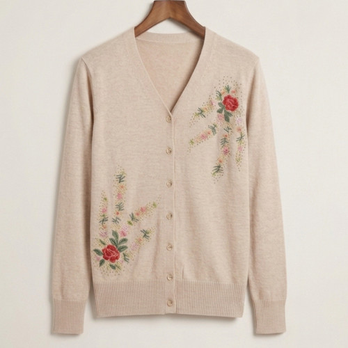 Cream V-Neck Cardigan with Subtle Floral Embroidery