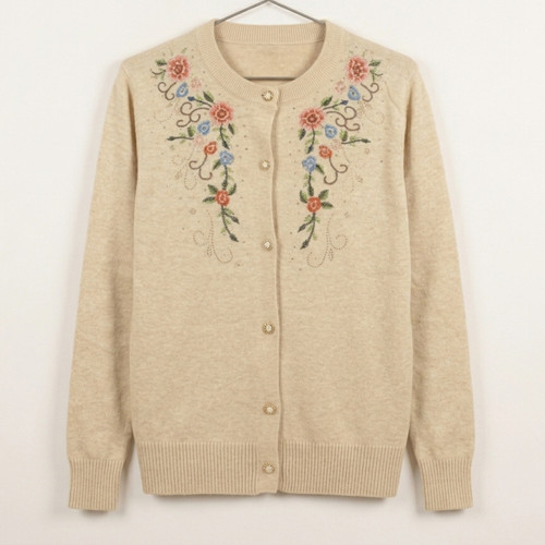 Floral Embroidered Beige Womens Button Cardigan Sweater