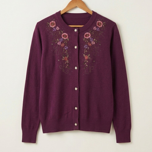 Deep Purple Women’s Floral Embroidered Knitted Cardigan Sweater