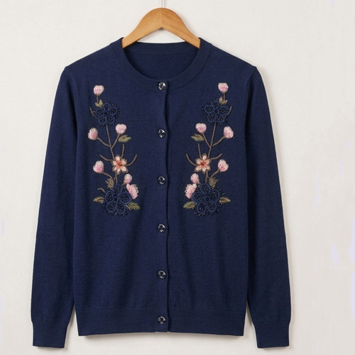 Women’s Navy Blue Floral Jari & Thread Embroidered Cardigan Sweater