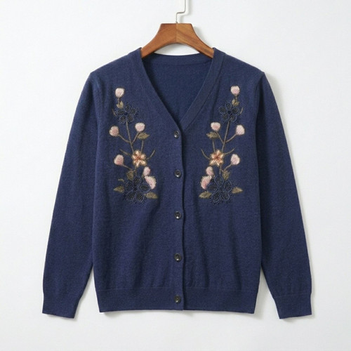 Women’s Navy Blue Floral Jari & Thread Embroidered Cardigan Sweater
