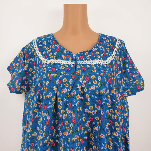 Women’s Blue Cotton Nighty – Pink and Yellow Floral Pattern