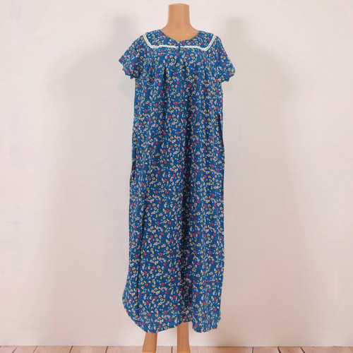 Women’s Blue Cotton Nighty – Pink and Yellow Floral Pattern