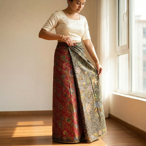 Traditional Indonesian Dark Red Lungi with Colorful Floral Patterns