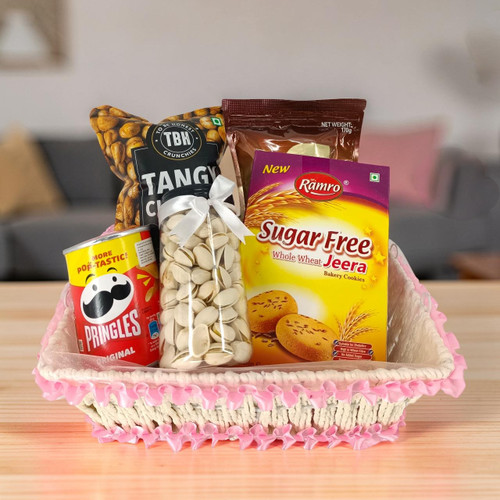 Healthy & Tasty Snack Combo in Elegant Pink Basket