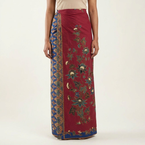 Traditional Red Cotton Lungi with Multicolor Floral Patterns (Unstitched)