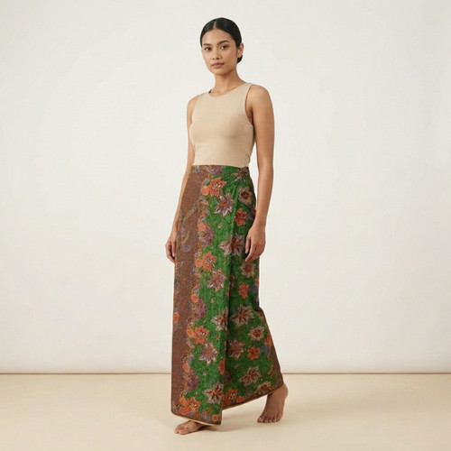 Traditional Green Multicolor Floral Indonesian Cotton Lungi