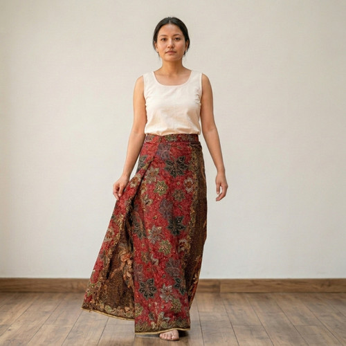 Traditional Red Cotton Lungi with Multicolor Floral Patterns