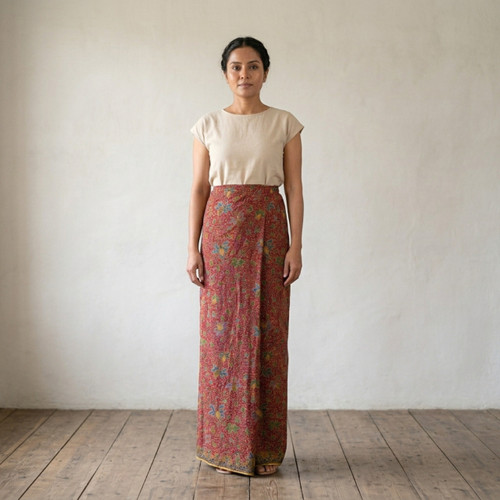 Indonesian Red Cotton Lungi with Vibrant Multicolor Floral Patterns