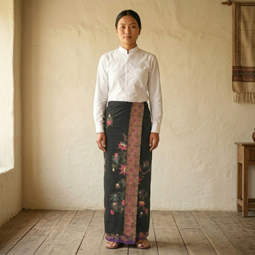 Black & Purple Cotton Lungi with Multicolor Floral Patterns for Women