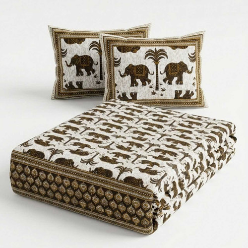 King Size Elephant Print Bedcover Set with 2 Pillow Covers In Olive Brown BSC-25