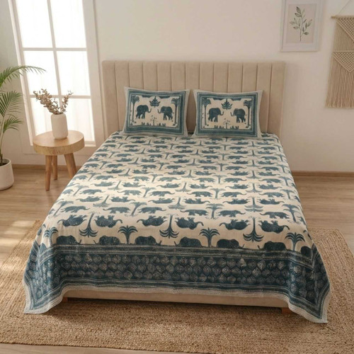 Premium Elephant Printed King Size Bedcover & Pillow Cover Set BSC-20