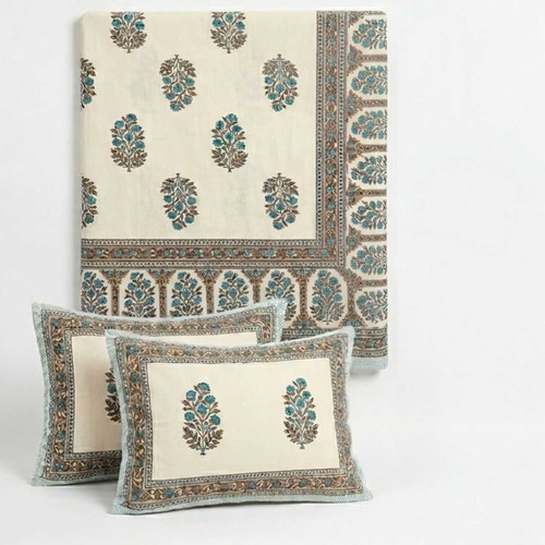 Premium Cream Base Blue Floral Queen Size Bedcover Set (3 Pcs) BSC-20
