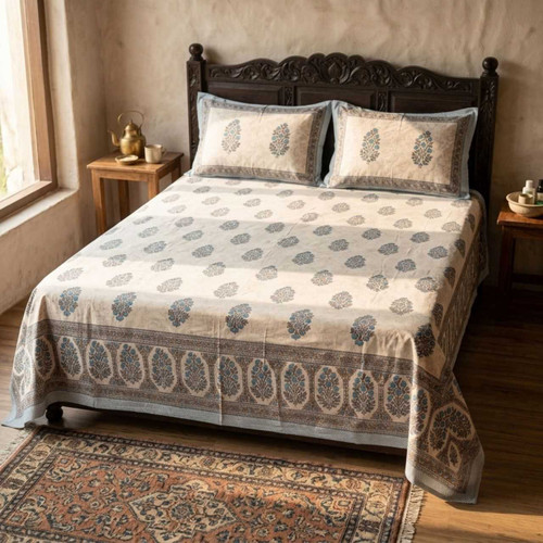 Cream Base Blue Floral Queen Size Bed Cover Set (3 Pcs) BSC-20