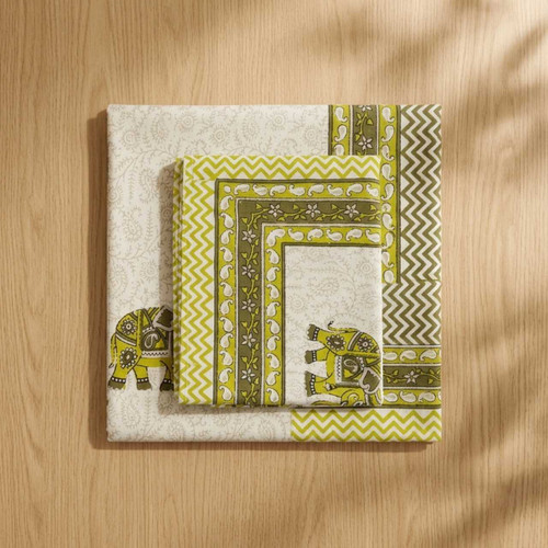 Bed Sheet Set in Olive & Yellow with Elephant Design – 1 Bed Sheet + 2 Pillow Covers BSC-24