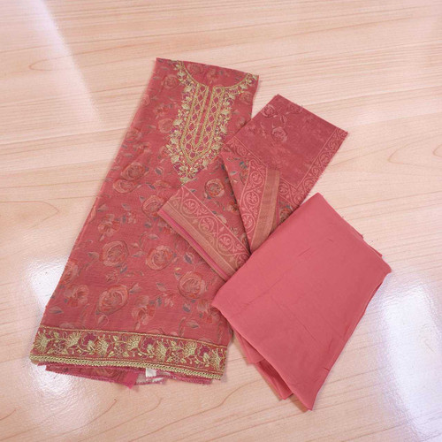 Unstitched Pink Floral Embroidered Linen Fabric Kurta Set