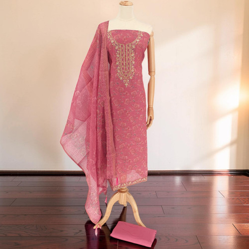 Unstitched Pink Floral Embroidered Linen Fabric Kurta Set