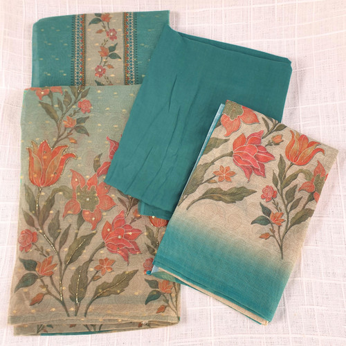 Unstitched Floral Rayon Kurta Set with Sea Green Suruwal & Dupatta