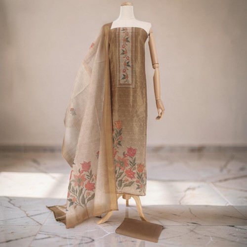 Unstitched Deep Camel Rayon Kurta Set with Elegant Floral Print & Dupatta KRT-1294