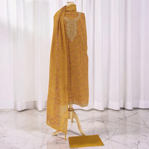 Unstitched Kurtha Set with Floral Printed Yellow Mustrad