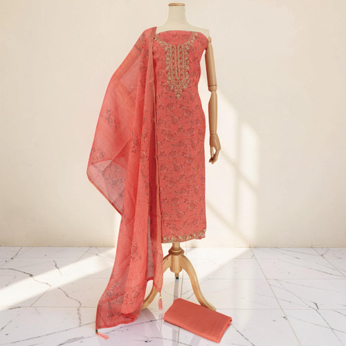Unstitched Peach Kurta Set in Rayon Fabric with Floral Pattern & Dupatta KRT-1288