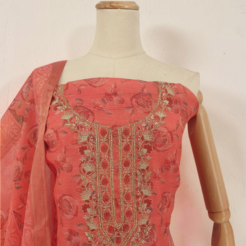 Unstitched Peach Kurta Set in Rayon Fabric with Floral Pattern & Dupatta KRT-1288