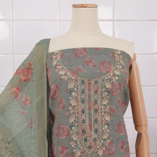 Unstitched Rayon Kurta Set with Round Neck & Elegant Floral Pattern- Dutch Green