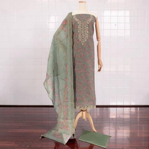 Unstitched Rayon Kurta Set with Round Neck & Elegant Floral Pattern- Dutch Green