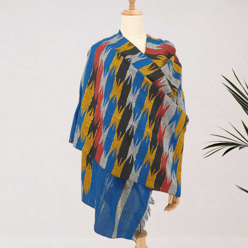 Blue Handloom Woolen Dhaka Shawl with Multicolor Pattern SWL-3248