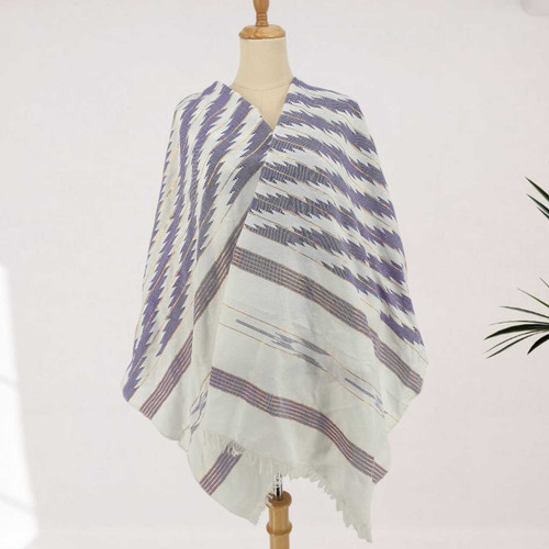 Handwoven White Purbeli Dhaka Shawl with Purple Lining SWL-3260