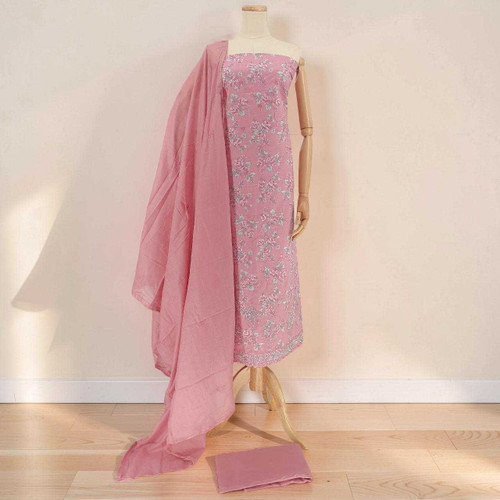 Unstitched Pink Floral Cotton Kurtha Set with Shawl & Jari Work KRT-1361