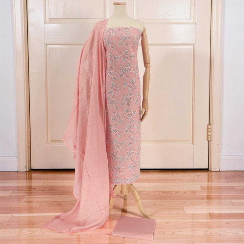 Unstitched Peach Floral Cotton Kurta Set with Shawl & Jari Work KRT-1365