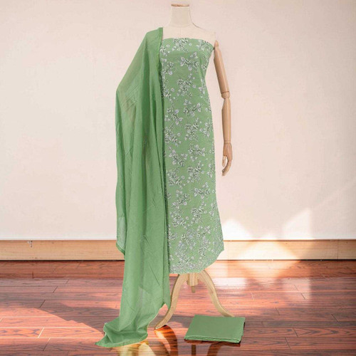 Unstitched Green Floral Cotton Kurtha Set with Shawl & Jari Work KRT-1364