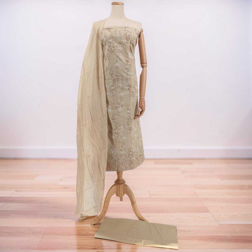 Beige Cotton Kurta Set with Floral Embroidered Design KRT-1349