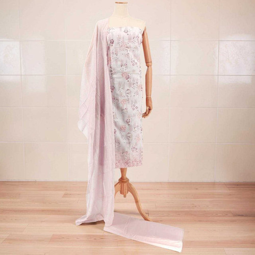 Light Pink Floral Embroidered Unstitched Kurta Set with Shawl & Suruwal KRT-1350
