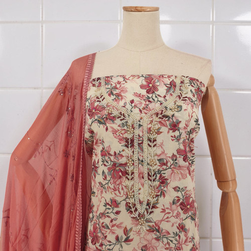 Unstitched Kurta Set with Floral Design, Pote & Pearl Embroidered