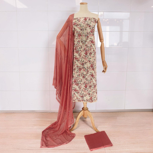 Unstitched Kurta Set with Floral Design, Pote & Pearl Embroidered