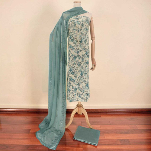 Pine Green Unstitched Kurta Set with Floral, Pote & Pearl Embellished Design KRT-1320