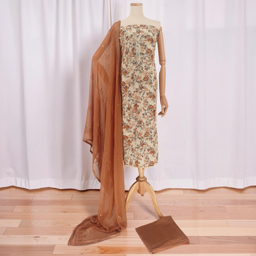 Floral Embroidered Brown Kurta Set with Pote & Pearl Detailing