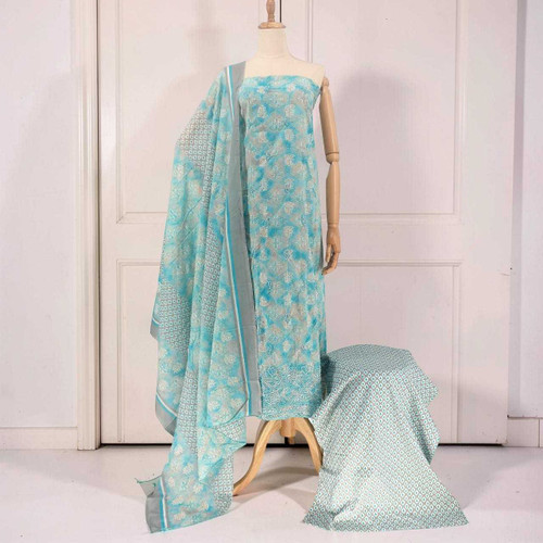 Unstitched Sky Blue Multi-Pattern Cotton Kurta Set with Pote & Jari Floral Work KRT-1359