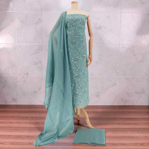Sea Green Floral Design Unstitched Kurta Set with Sequined Border KRT-1363