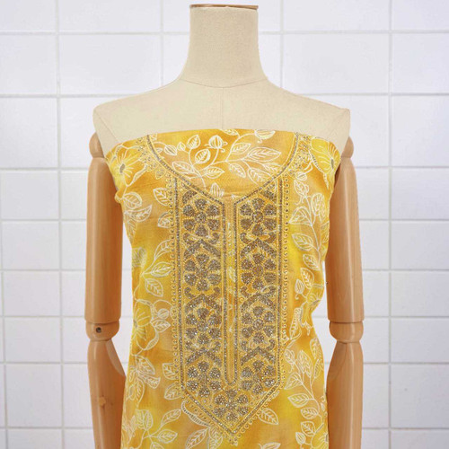 Yellow Unstitched Floral Embroidered Cotton Kurta Set KRT-1300